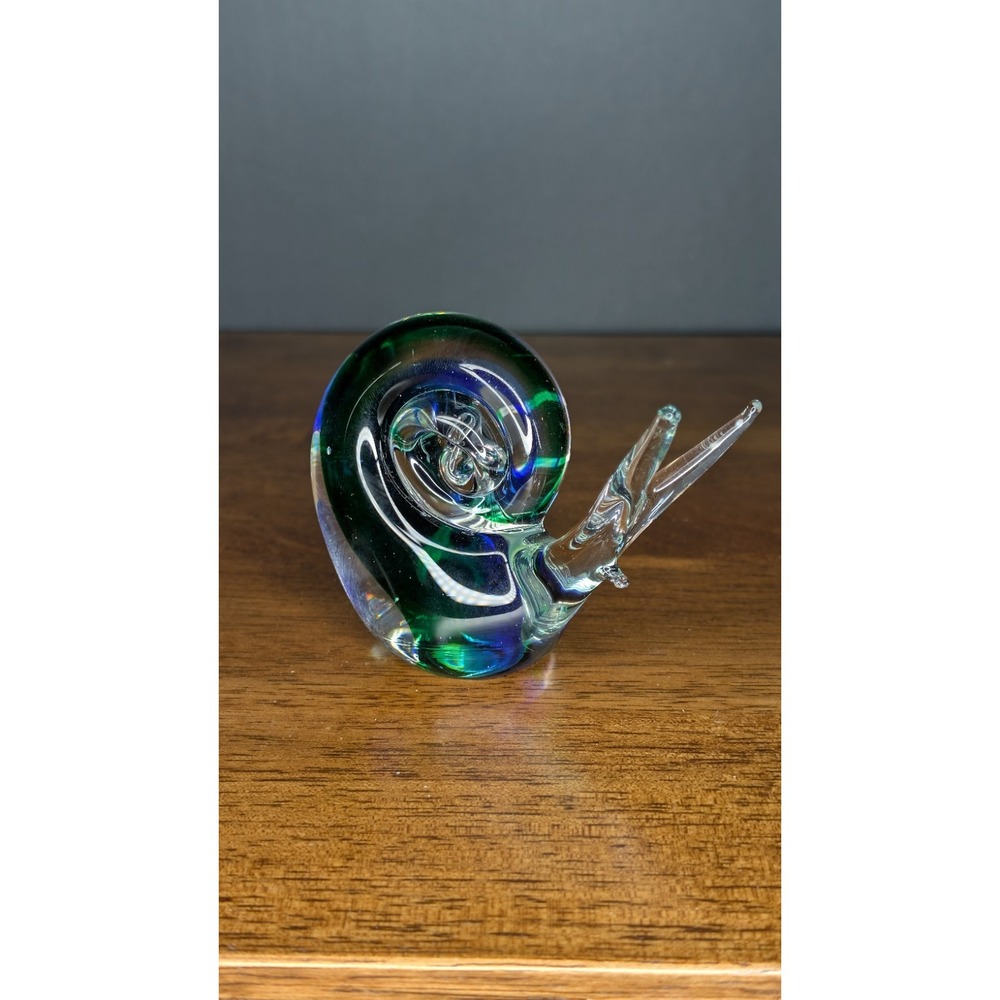 Vintage Hand Blown Art Glass Snail Figurine Green Blue Swirl Paperweight 2.5"